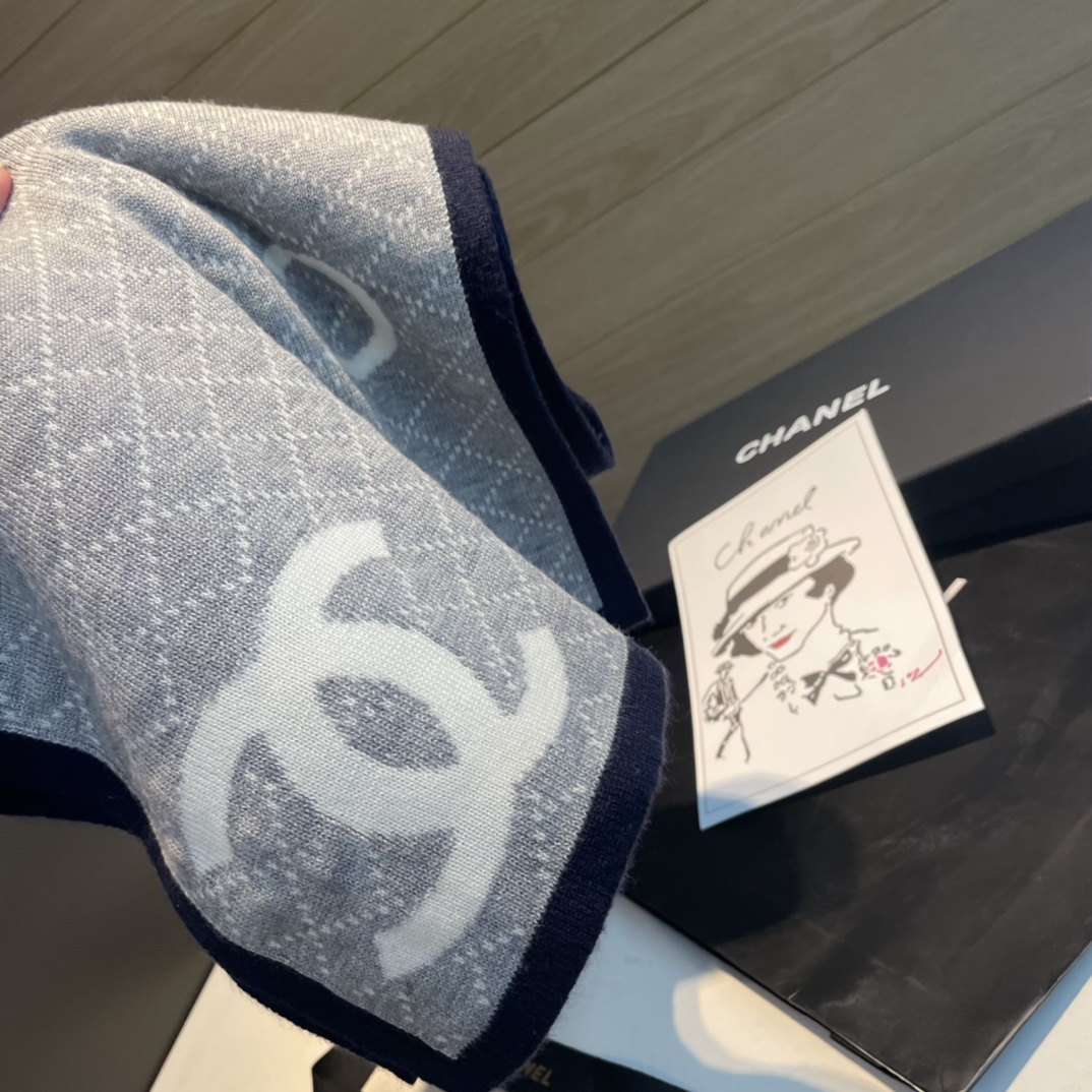 [TOP] CHANEL Cashmere Shawl Scarf 30x180 cm - Blue & White