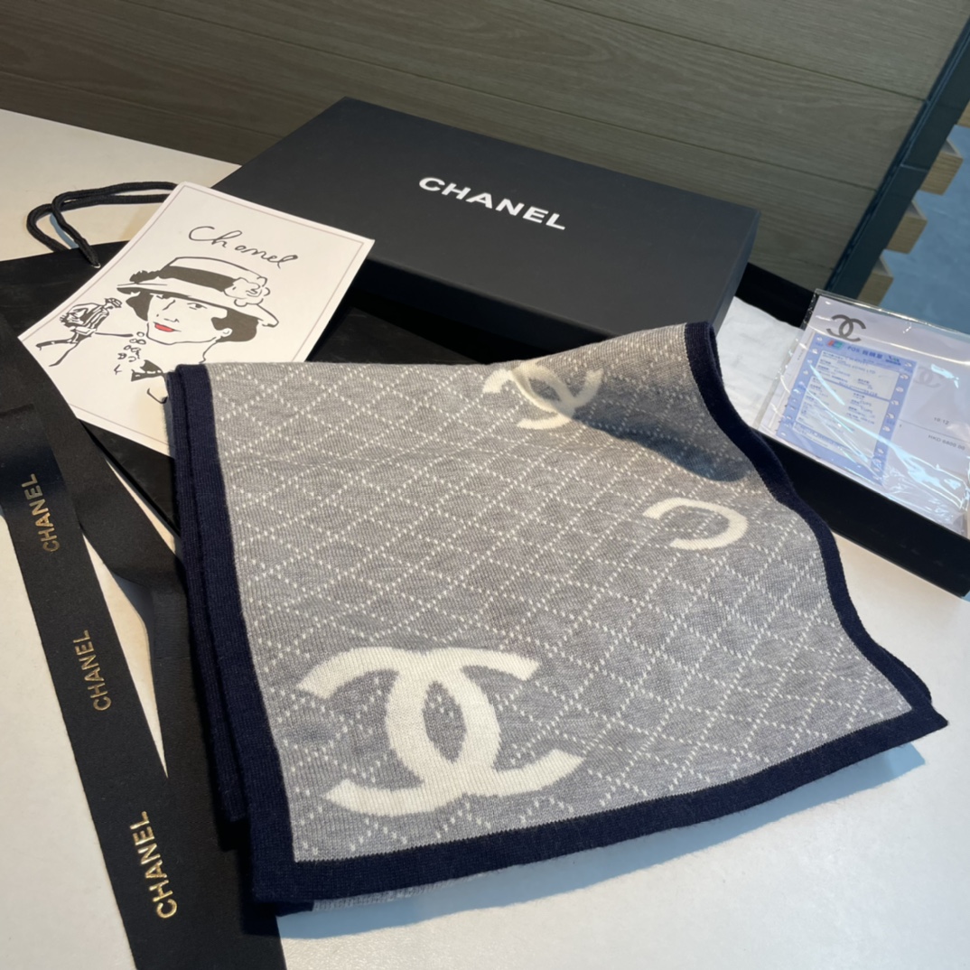 [TOP] CHANEL Cashmere Shawl Scarf 30x180 cm - Blue & White