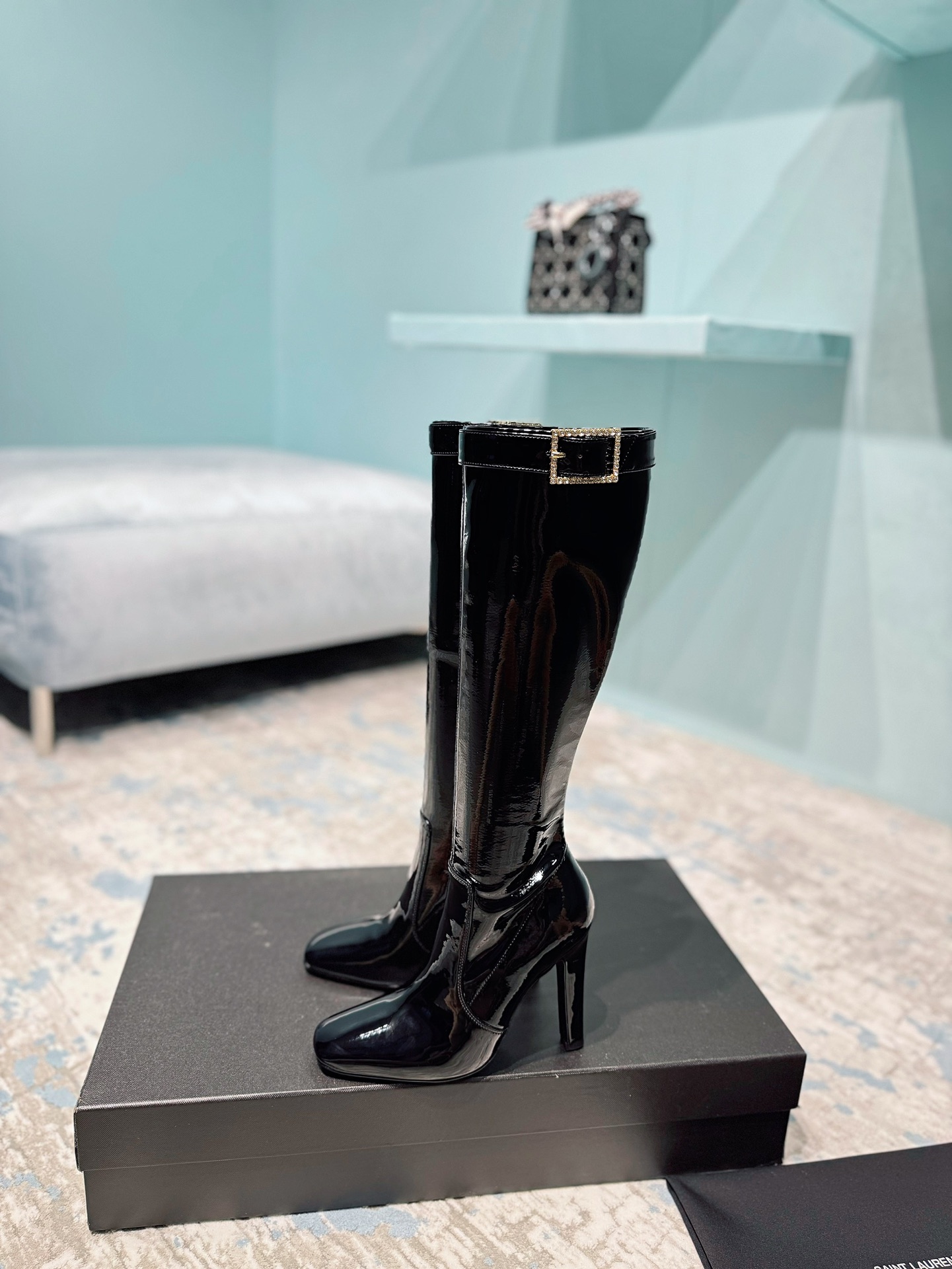 [TOP] Yves Saint Laurent YSL Patent Leather Boots - Black