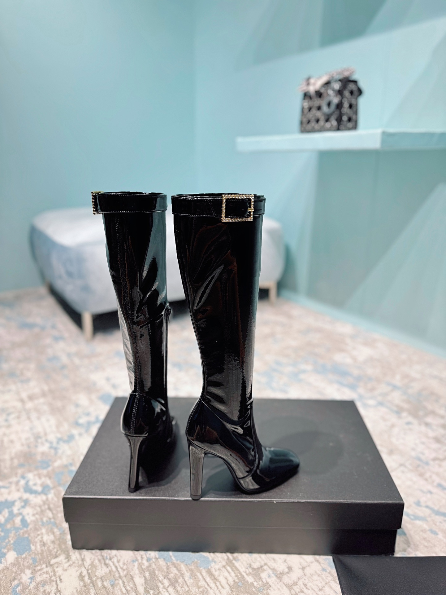 [TOP] Yves Saint Laurent YSL Patent Leather Boots - Black
