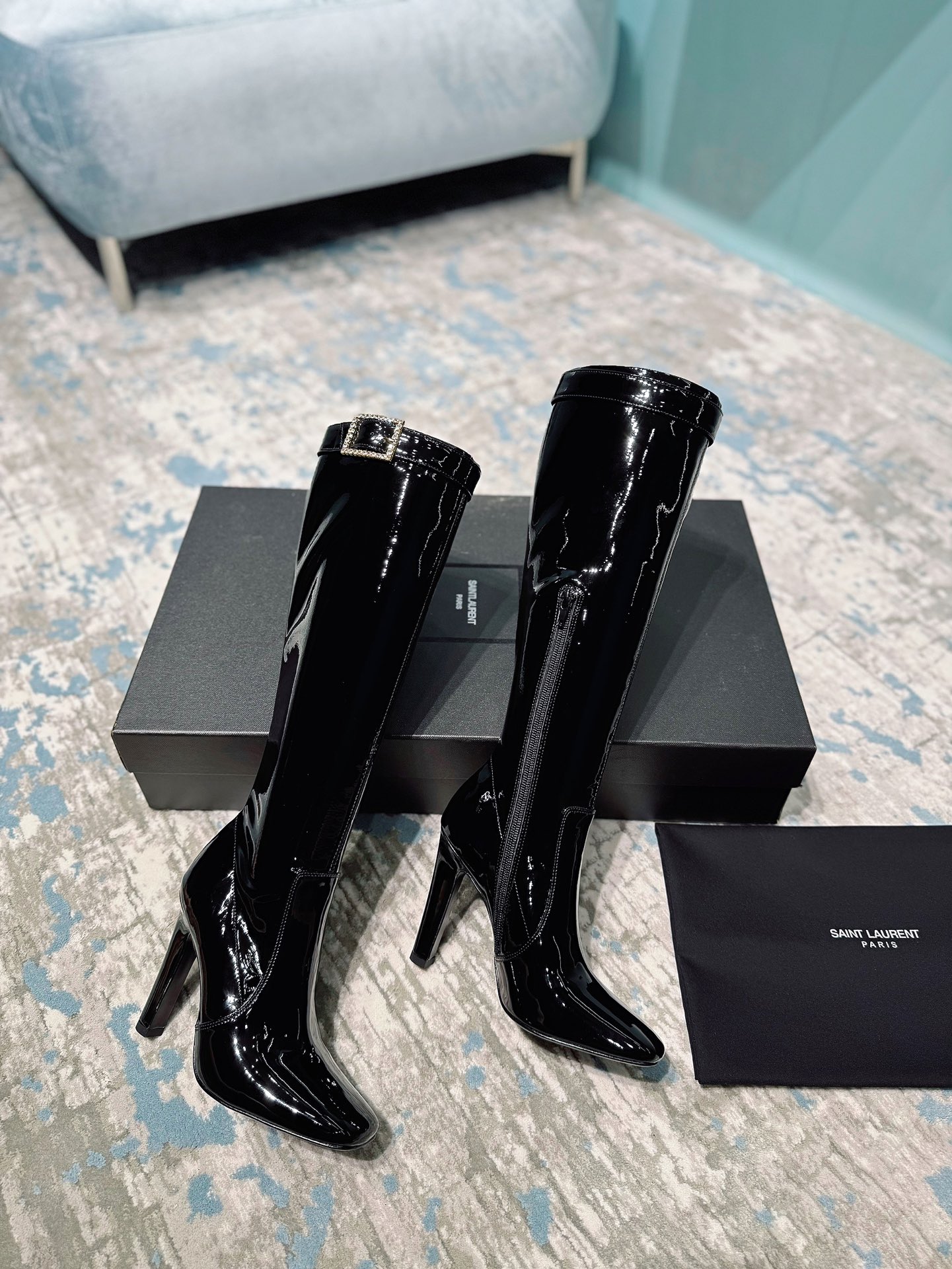[TOP] Yves Saint Laurent YSL Patent Leather Boots - Black