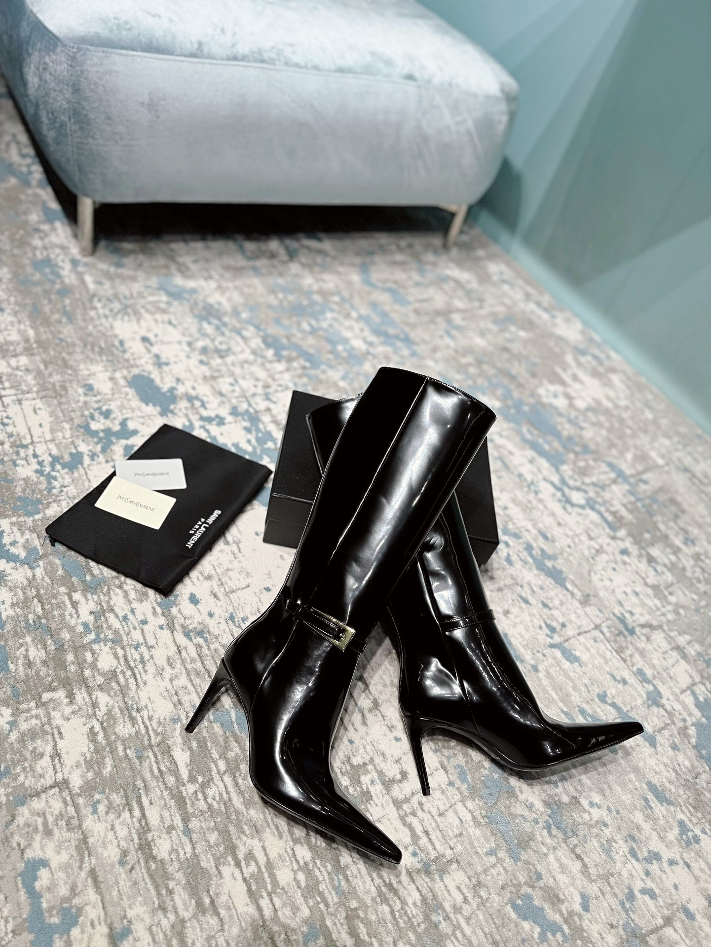 [TOP] Yves Saint Laurent YSL Patent Leather Boots - Black