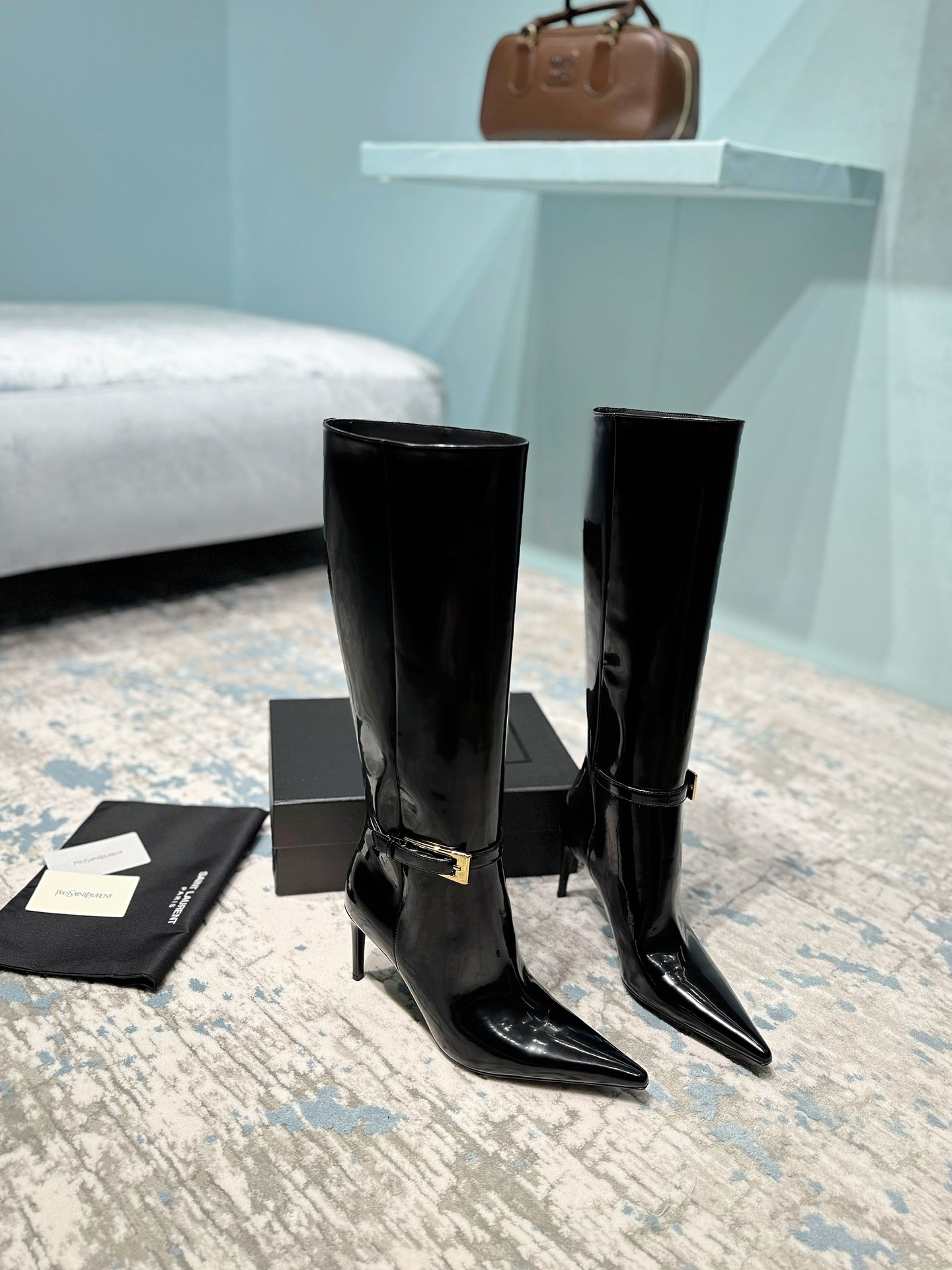 [TOP] Yves Saint Laurent YSL Patent Leather Boots - Black