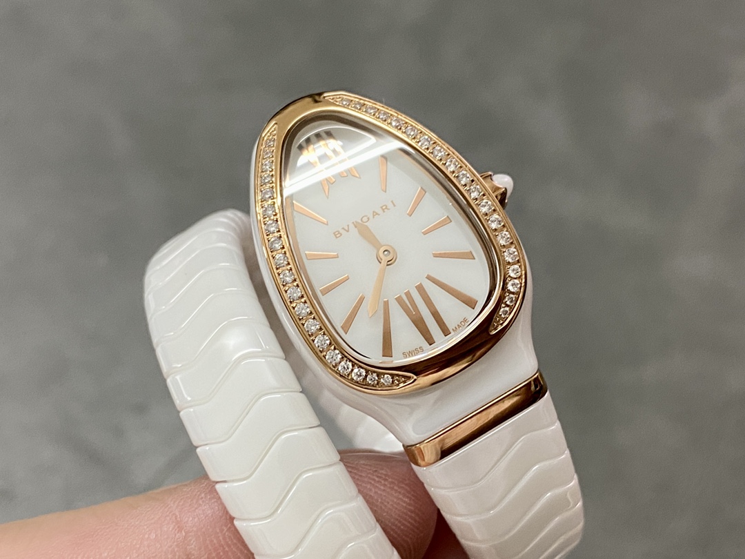 [Top] BVLGARI Serpenti Spiga 35 Watch with Diamond - White