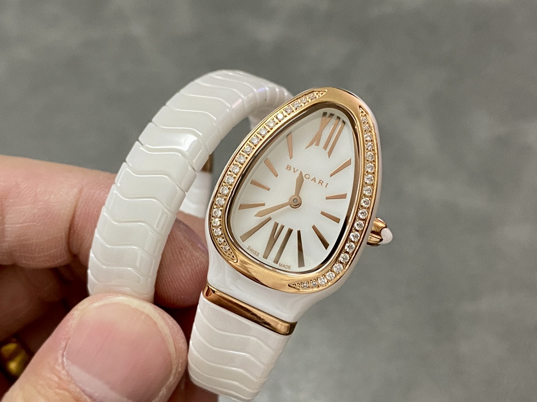 [Top] BVLGARI Serpenti Spiga 35 Watch with Diamond - White