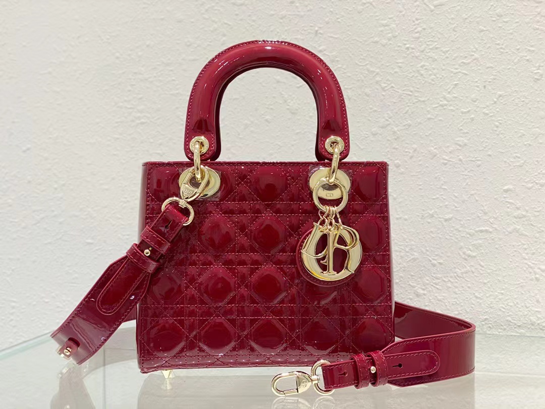 [TOP] Christian Dior Lady Dior Bag Patent Leather 17x7.5x14 cm/ 20x17x8 cm/24x20x11 cm- Red
