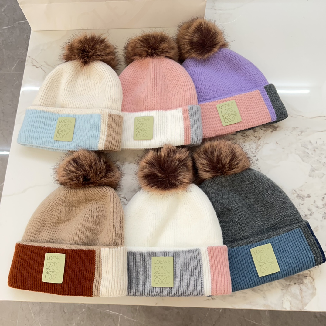 [TOP] LOEWE Colorblock Plus Fluffy Ball Beanie - 6 Color