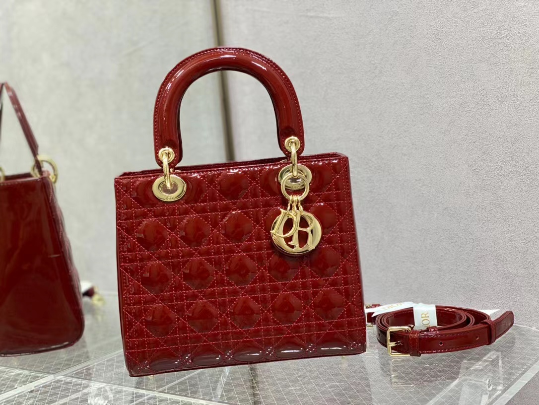 [TOP] Christian Dior Lady Dior Bag Patent Leather 17x7.5x14 cm/ 20x17x8 cm/24x20x11 cm- Red