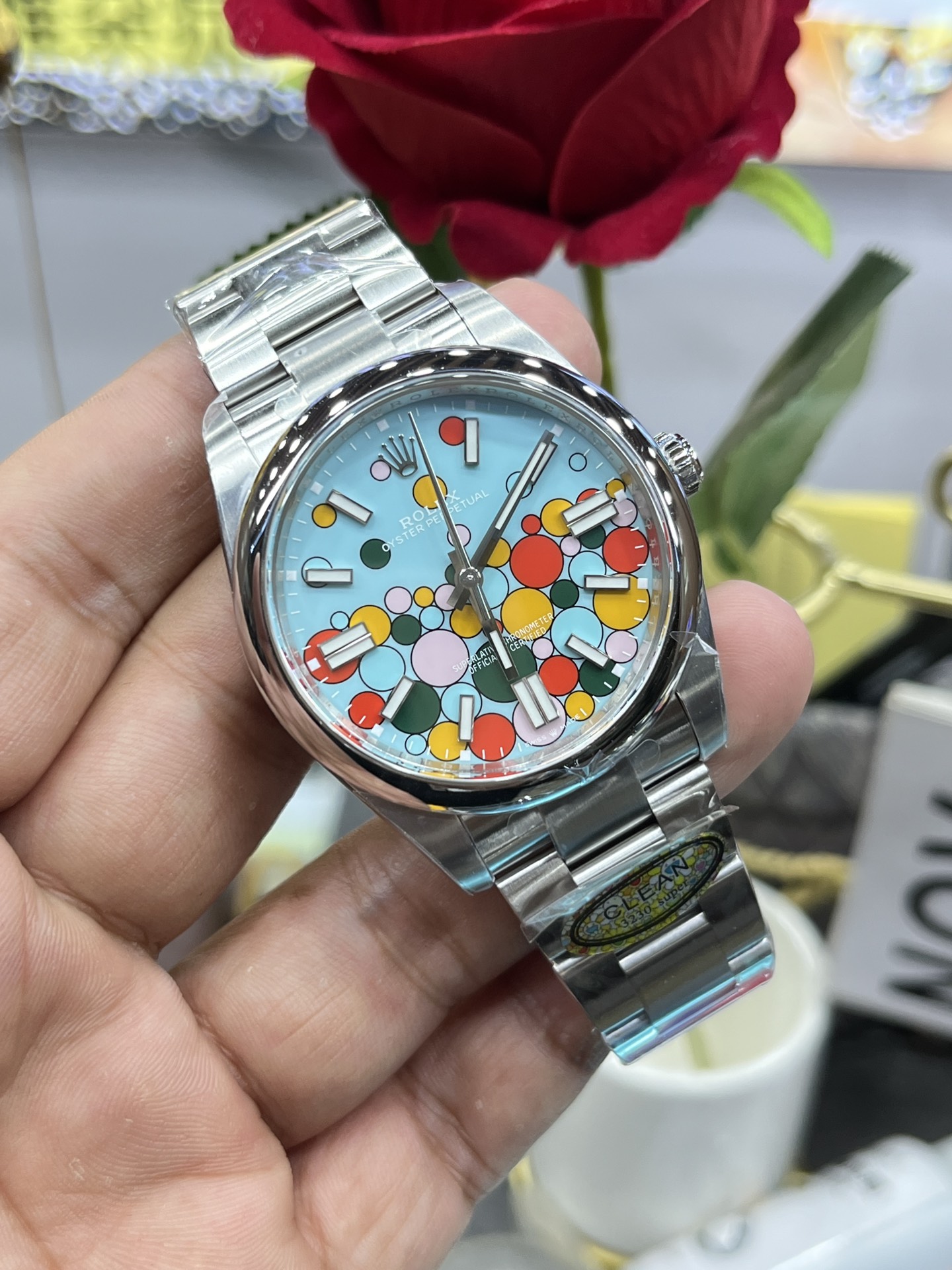 [TOP] ROLEX Oyster Perpetual W36mm Stainless Steel Turquise Blue/Celebration motif Dial Watch - Sliver