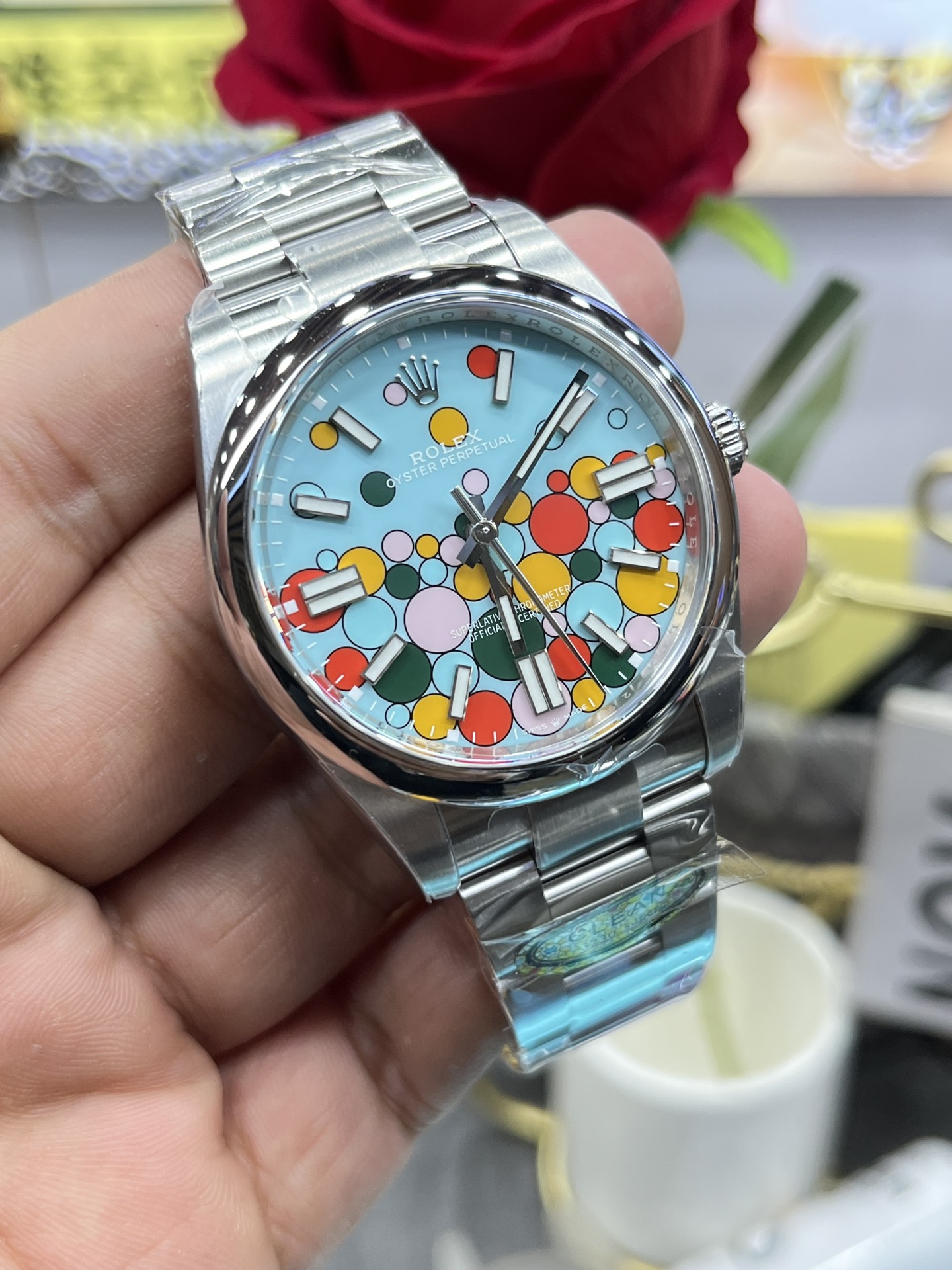 [TOP] ROLEX Oyster Perpetual W36mm Stainless Steel Turquise Blue/Celebration motif Dial Watch - Sliver