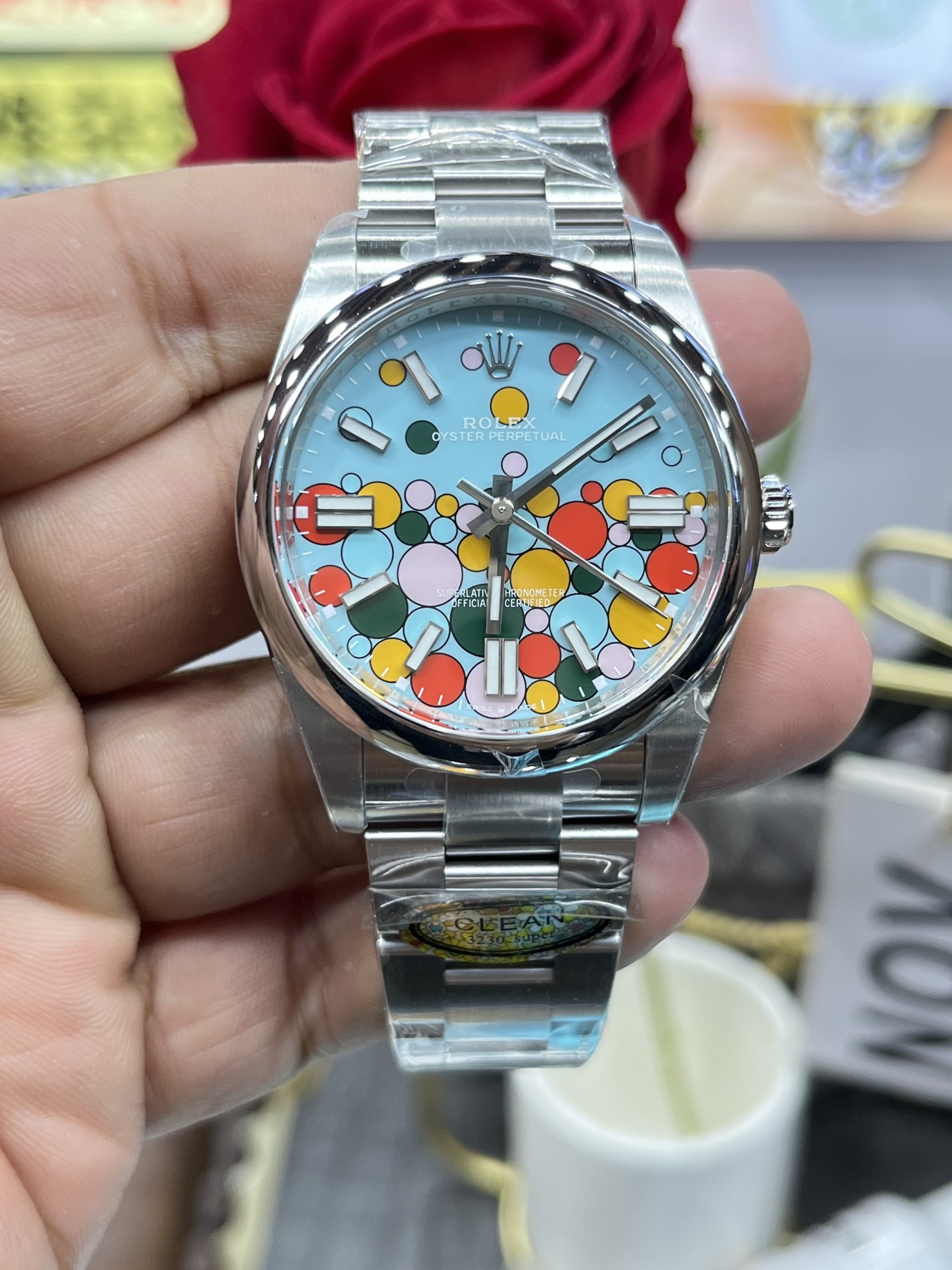 [TOP] ROLEX Oyster Perpetual W36mm Stainless Steel Turquise Blue/Celebration motif Dial Watch - Sliver