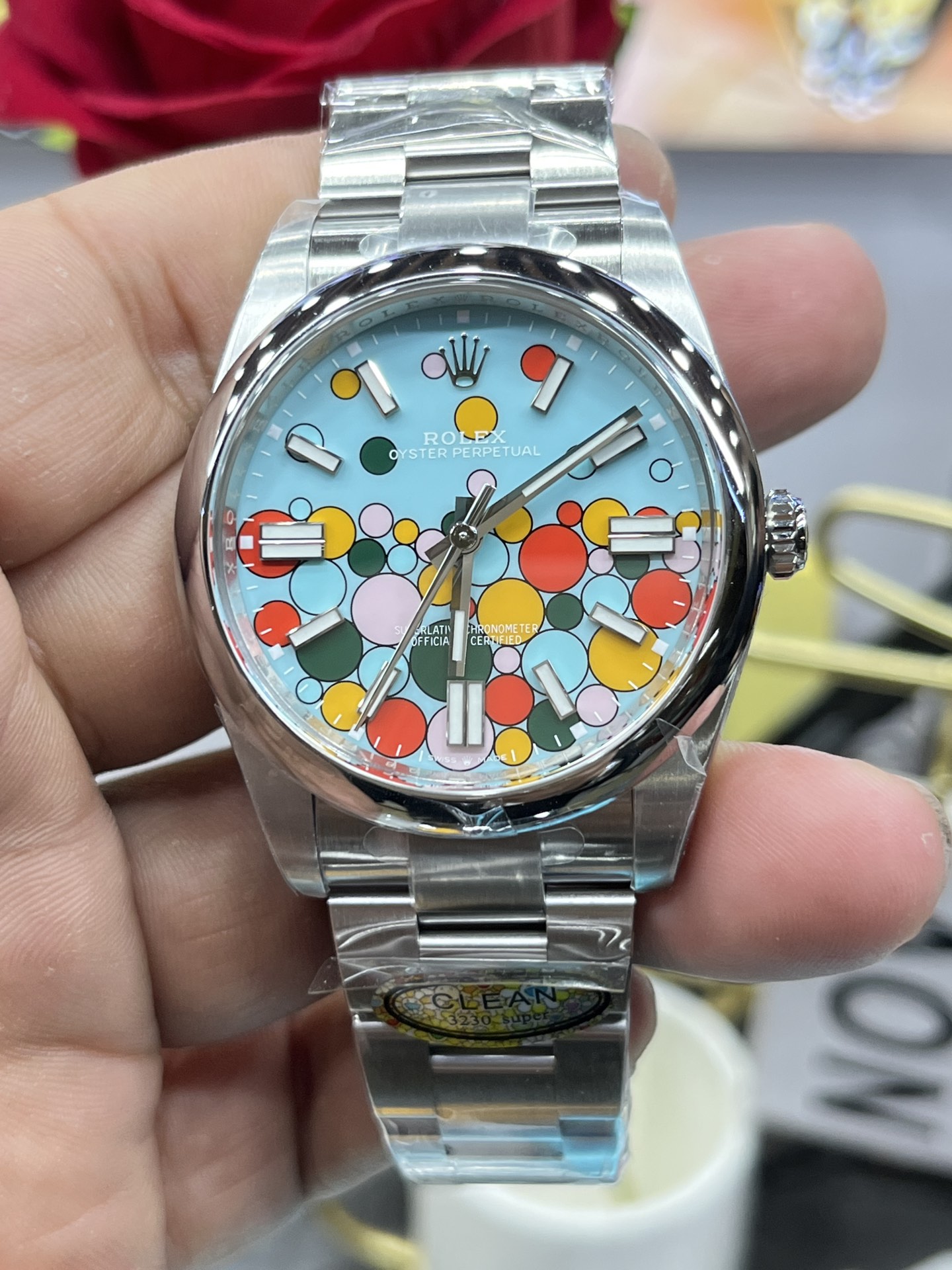 [TOP] ROLEX Oyster Perpetual W36mm Stainless Steel Turquise Blue/Celebration motif Dial Watch - Sliver