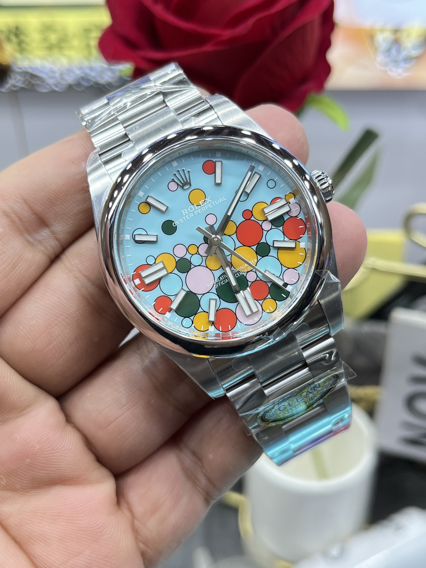 [TOP] ROLEX Oyster Perpetual W36mm Stainless Steel Turquise Blue/Celebration motif Dial Watch - Sliver