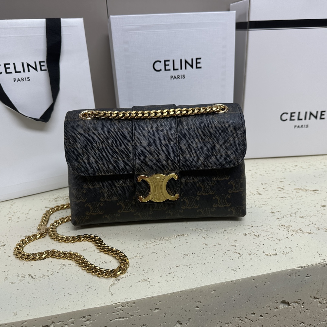 [TOP] CELINE Soft Leather Bag 23.5*14*8cm - Brown&GHW
