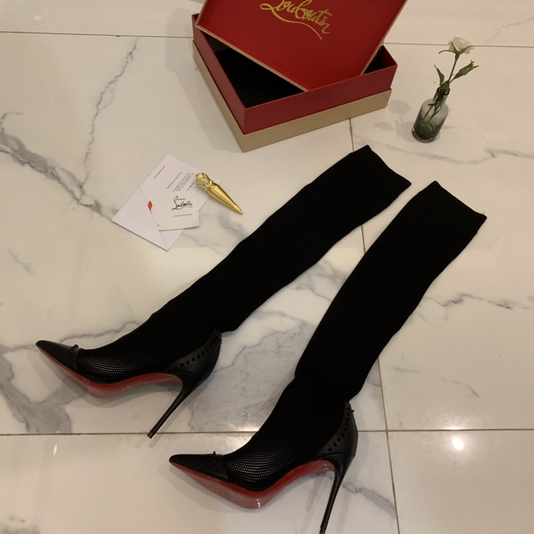 [TOP] Christian Louboutin Woolen Stretch Heeled Boots - Black