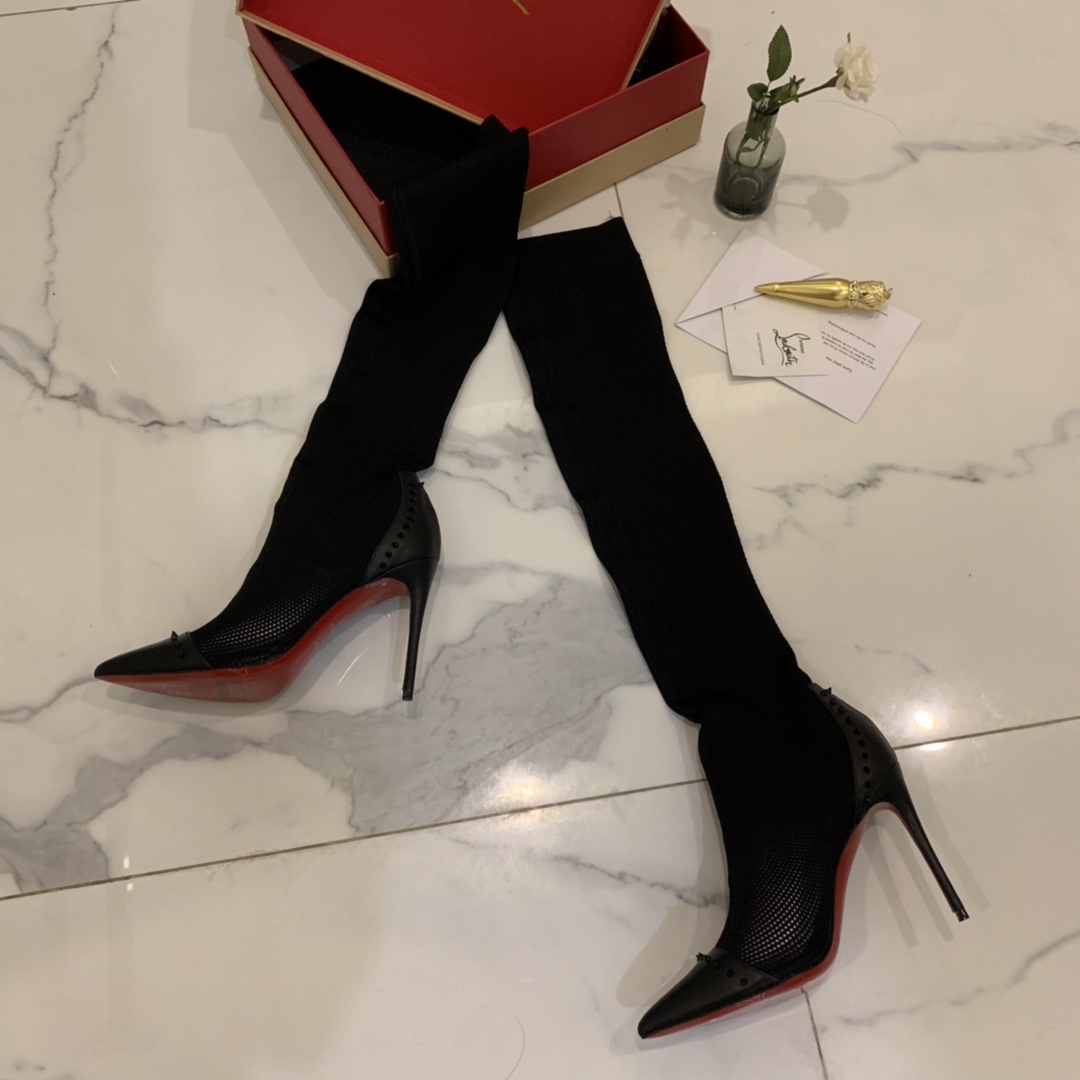 [TOP] Christian Louboutin Woolen Stretch Heeled Boots - Black