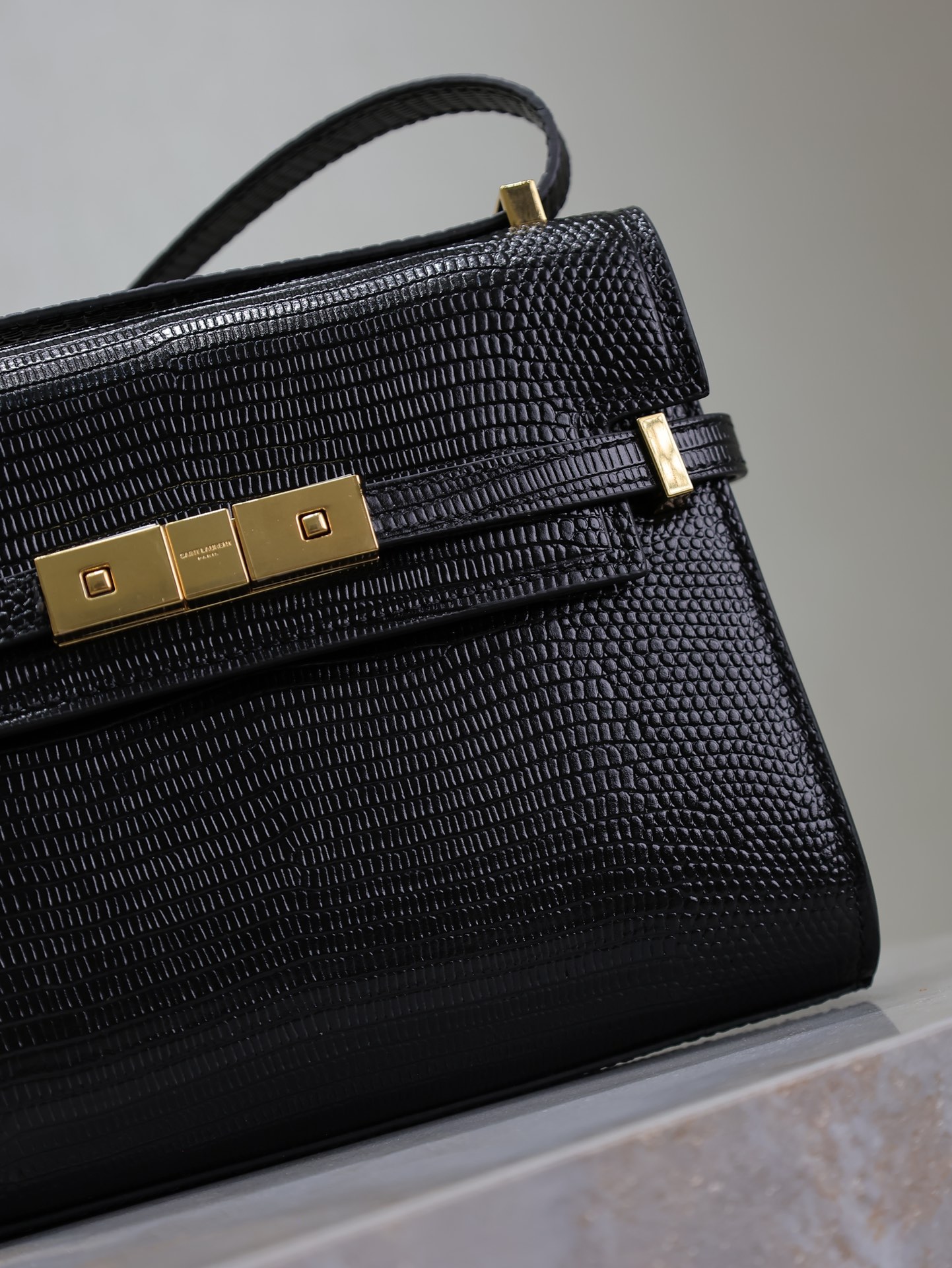 [TOP] Yves Saint Laurent YSL Manhattan Lizard Pattern Crossbody Satchel Bag 19×14×4cm - Black&GHW