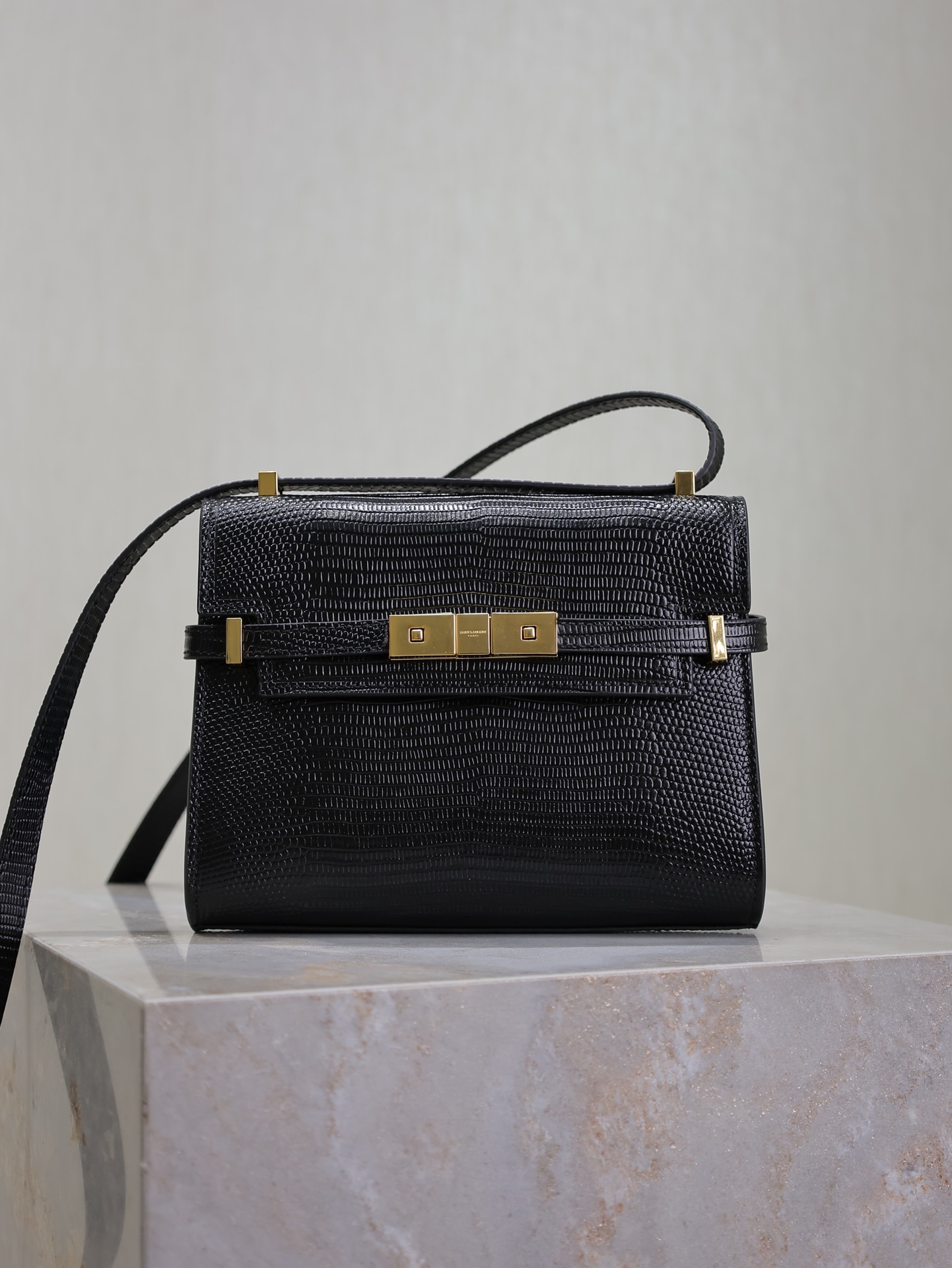 [TOP] Yves Saint Laurent YSL Manhattan Lizard Pattern Crossbody Satchel Bag 19×14×4cm - Black&GHW