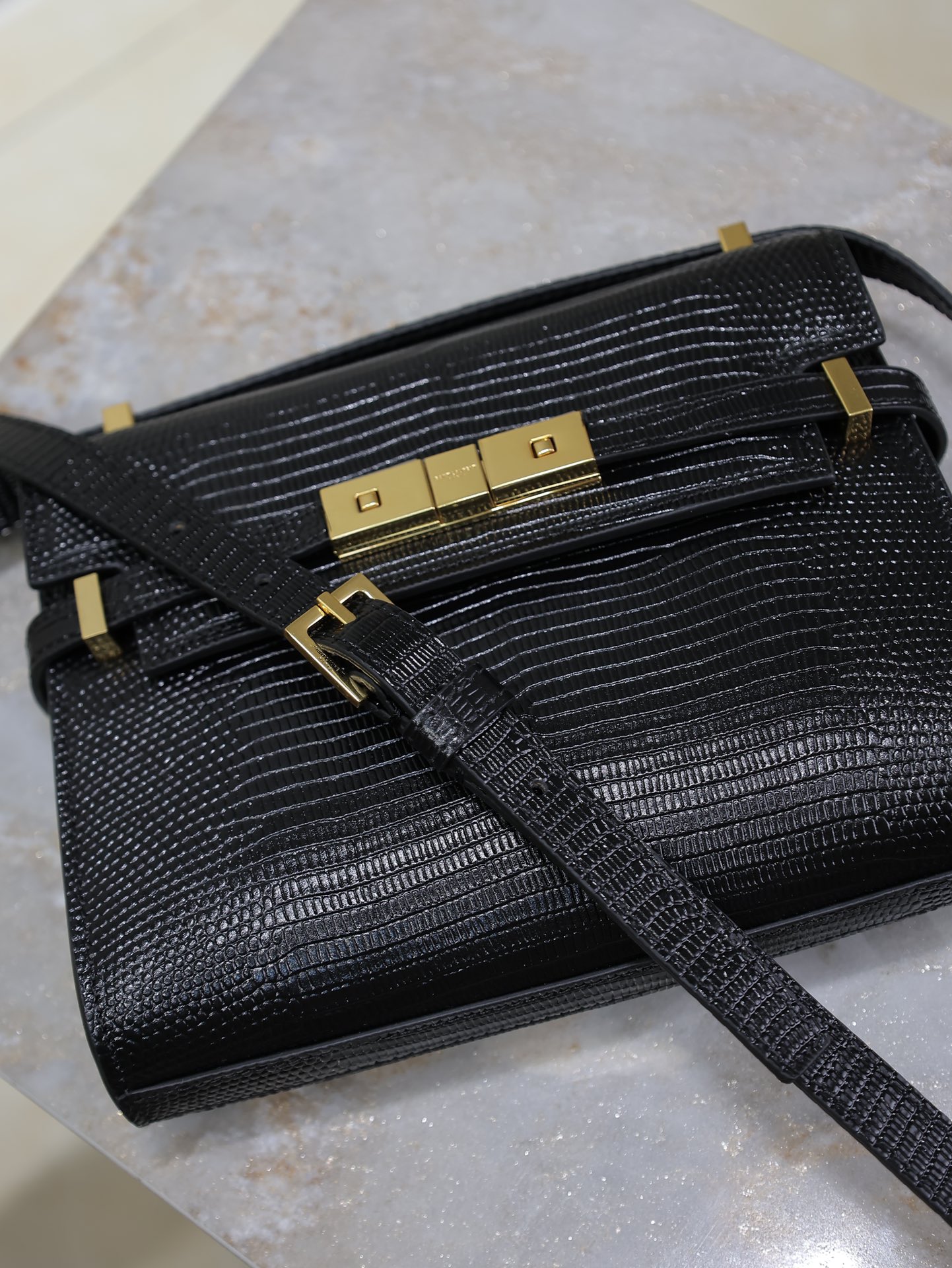[TOP] Yves Saint Laurent YSL Manhattan Lizard Pattern Crossbody Satchel Bag 19×14×4cm - Black&GHW