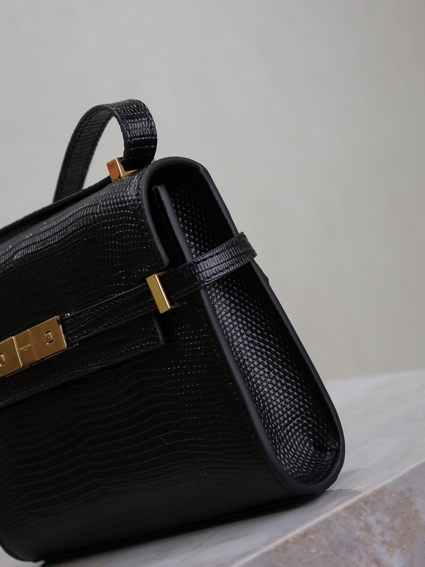 [TOP] Yves Saint Laurent YSL Manhattan Lizard Pattern Crossbody Satchel Bag 19×14×4cm - Black&GHW