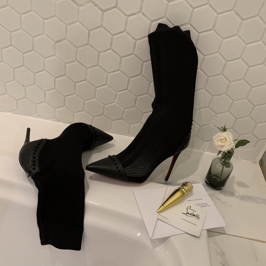 [TOP] Christian Louboutin Woolen Stretch Heeled Boots - Black