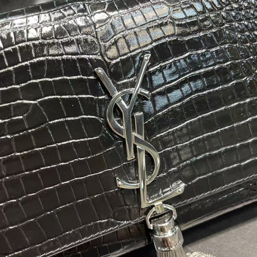 [TOP] Yves Saint Laurent YSL Kate Tassel Bag Croc Embossed Cowhide 20x13.5x5.5cm/24x14.5x5cm - Black&SHW/GHW
