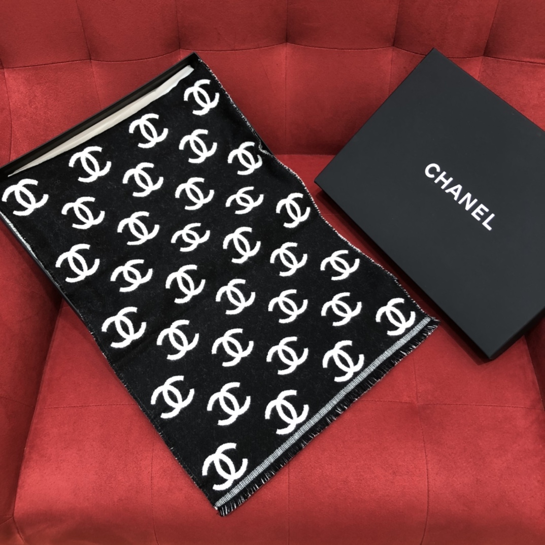 [TOP] CHANEL CC Wool Scarf 35X180 cm - Black