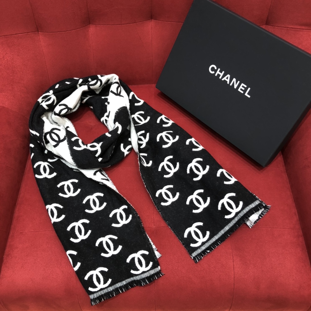[TOP] CHANEL CC Wool Scarf 35X180 cm - Black