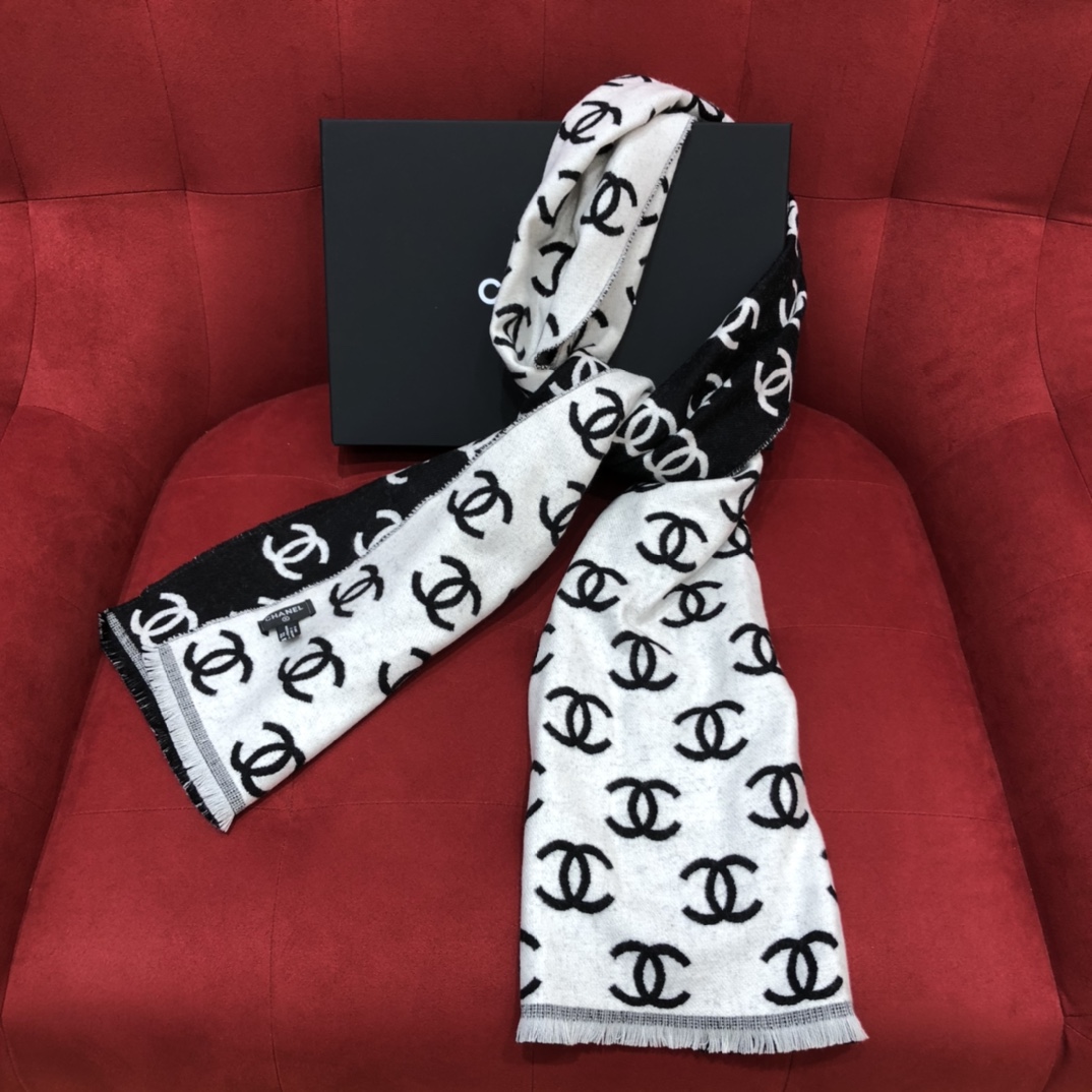 [TOP] CHANEL CC Wool Scarf 35X180 cm - Black