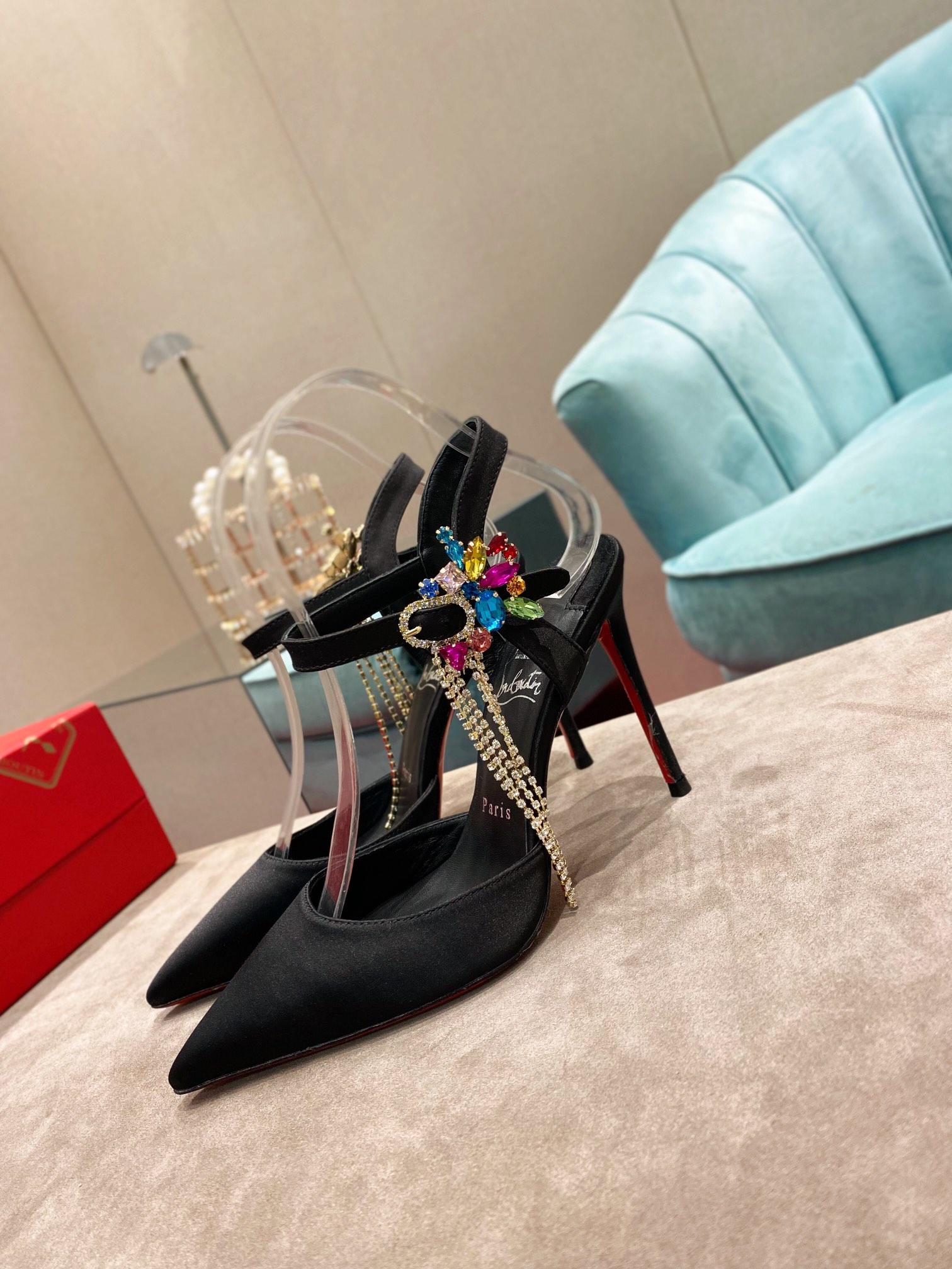 [TOP] Christian Louboutin 10cm High Heel Pumps with Crystal - Black