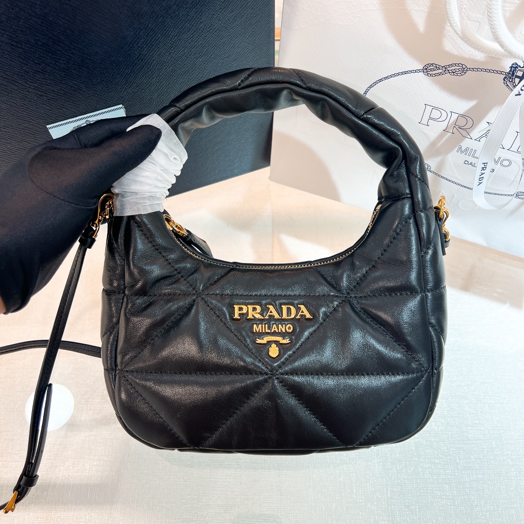 [TOP] PRADA Lambskin Hobo Bags 21*12.5*6.5cm/40*27*11.5cm - Black