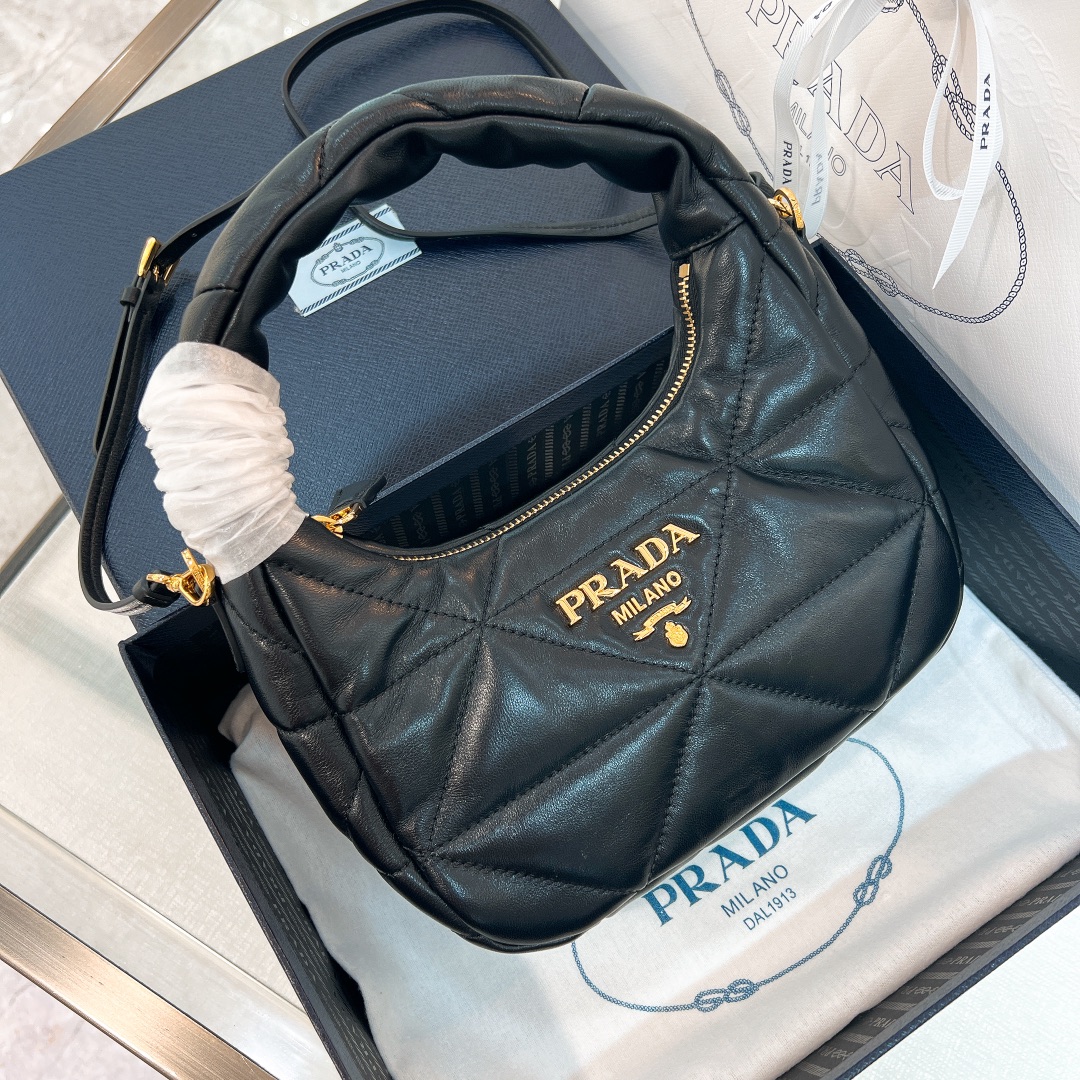 [TOP] PRADA Lambskin Hobo Bags 21*12.5*6.5cm/40*27*11.5cm - Black
