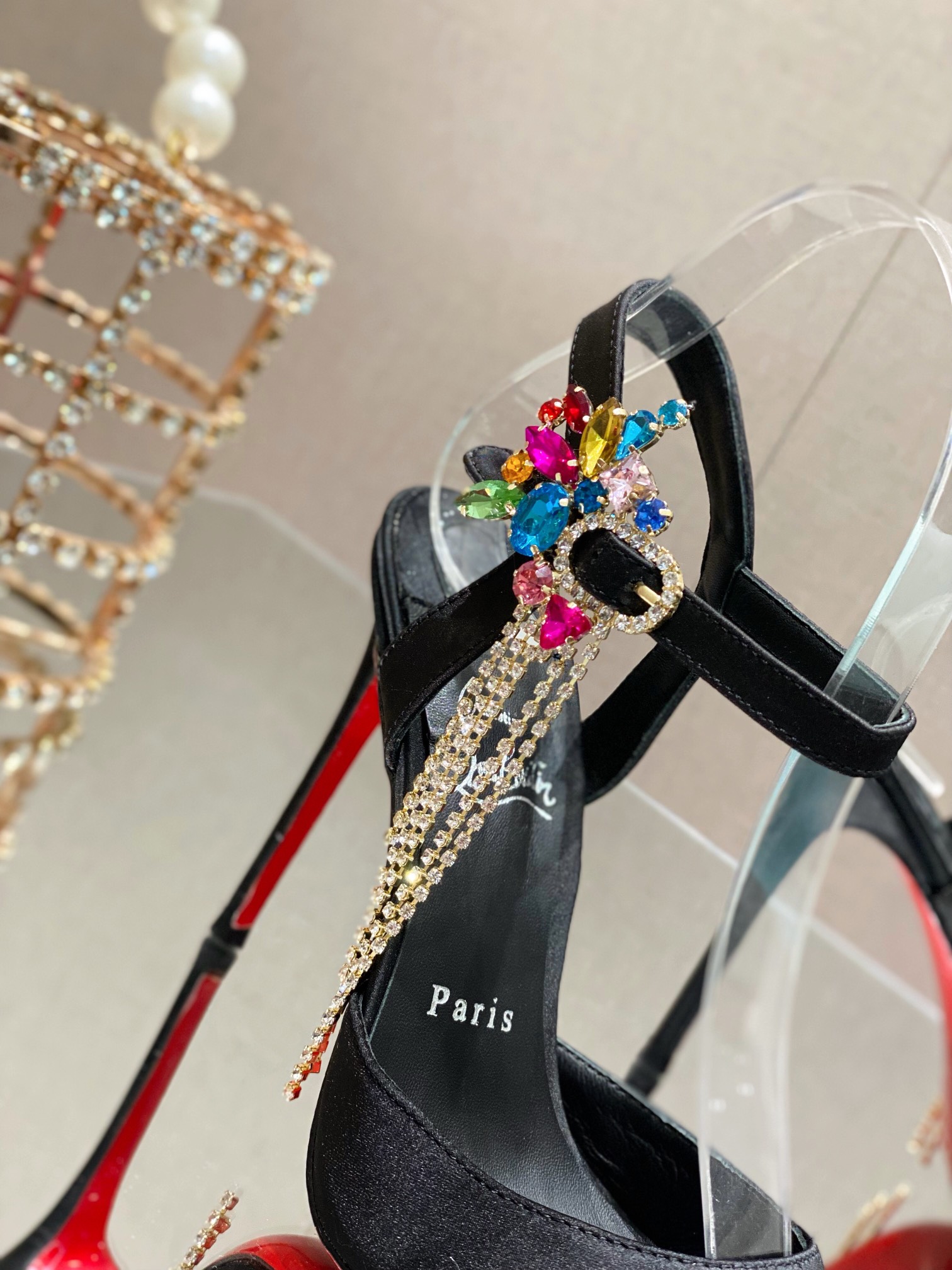 [TOP] Christian Louboutin 10cm High Heel Pumps with Crystal - Black