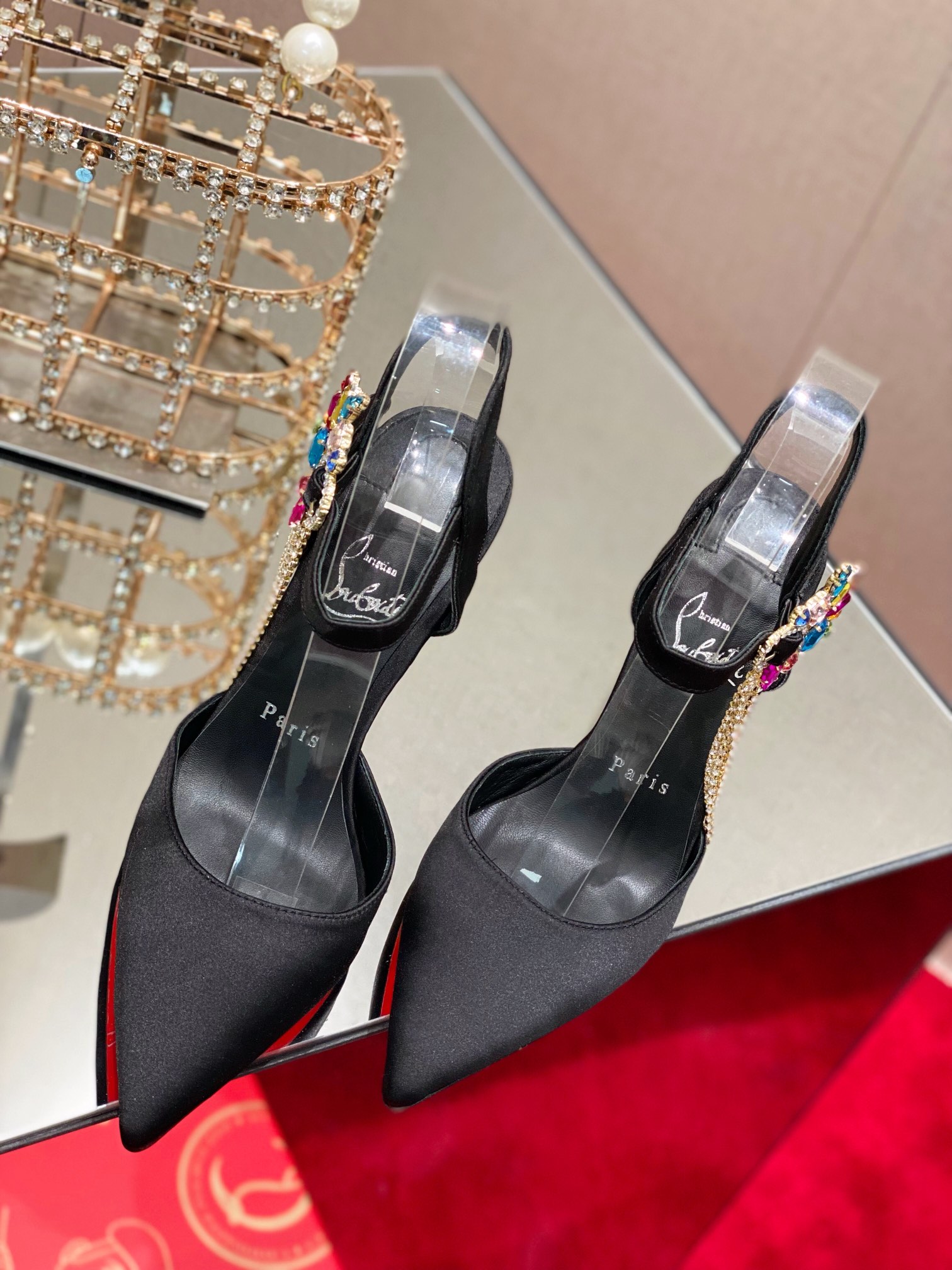 [TOP] Christian Louboutin 10cm High Heel Pumps with Crystal - Black