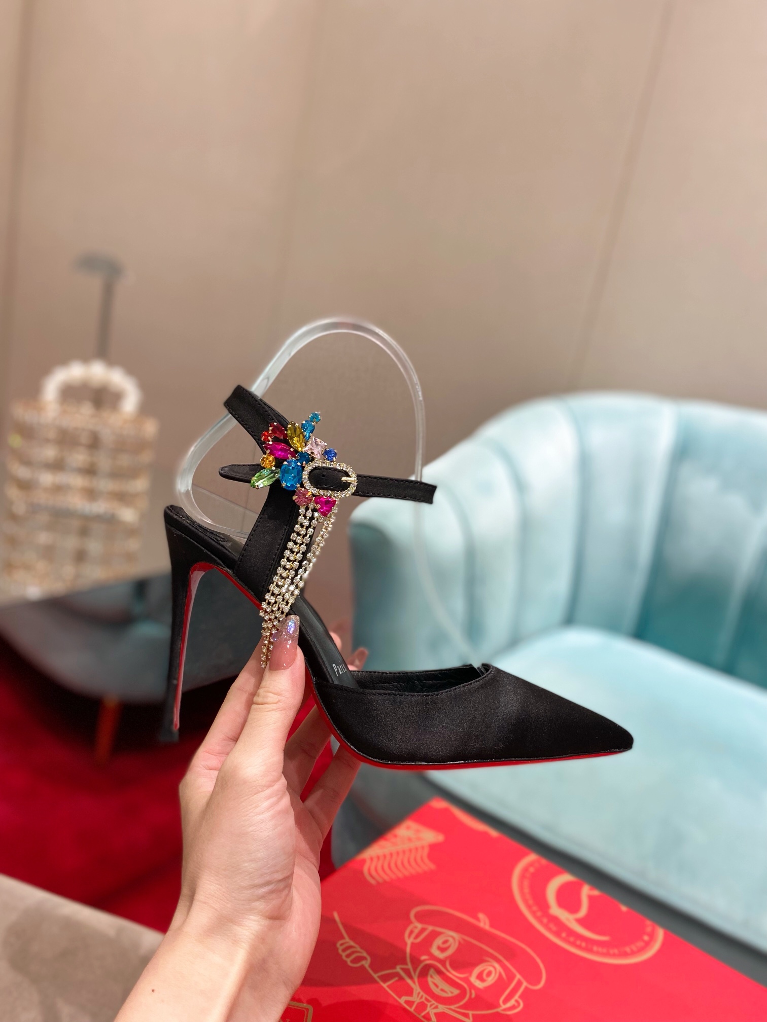 [TOP] Christian Louboutin 10cm High Heel Pumps with Crystal - Black