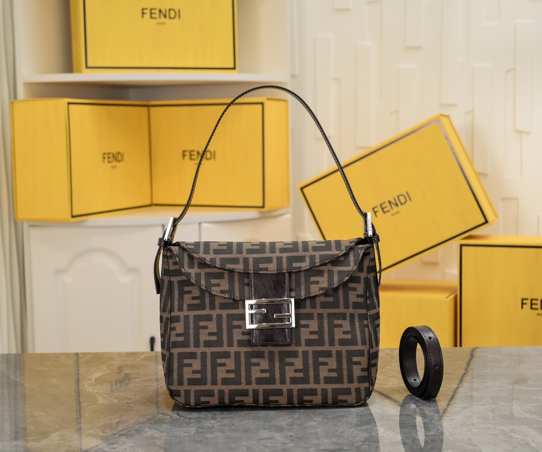 [TOP] FENDI Zucca Canvas And Leather Mama Baguette Bag 26×10×18cm -Brown