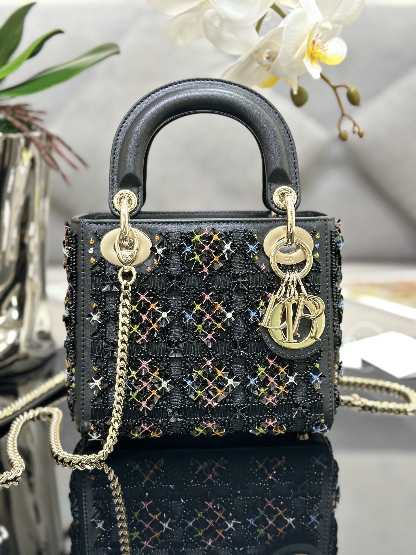 [TOP] Christian Dior Three Embroidered Black Beads Lady Christian Dior Bags 17*15*7 cm - Black