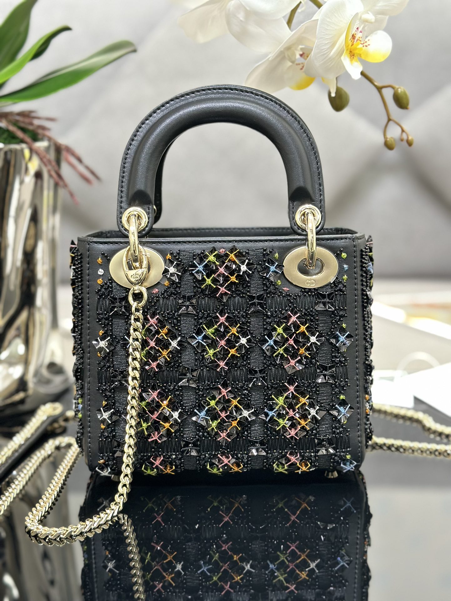 [TOP] Christian Dior Three Embroidered Black Beads Lady Christian Dior Bags 17*15*7 cm - Black