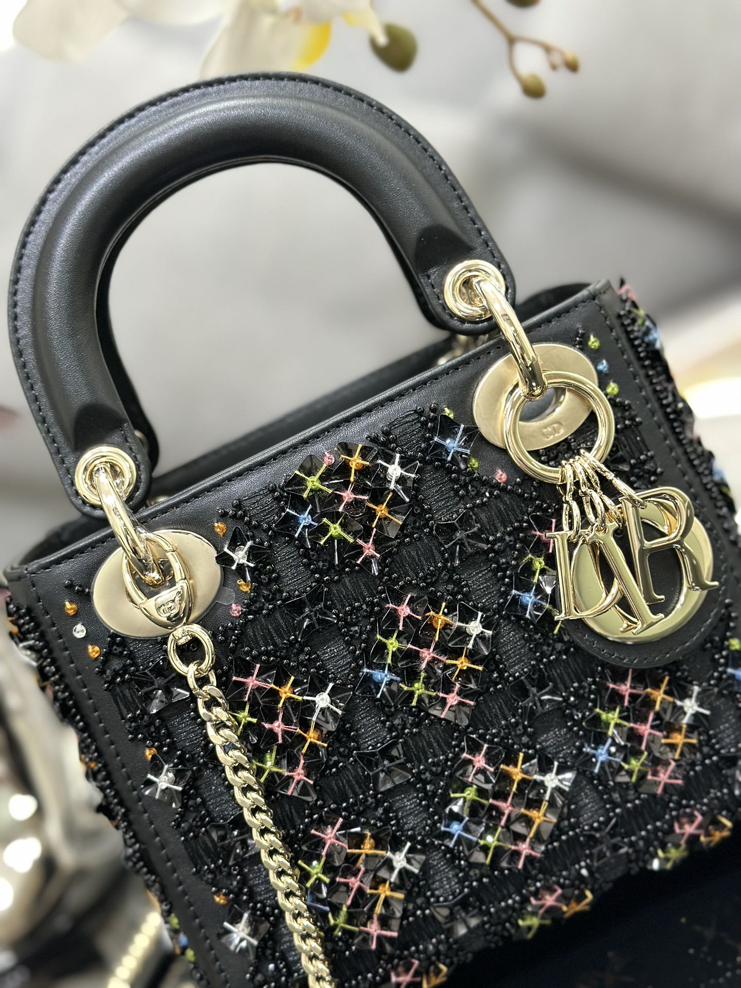 [TOP] Christian Dior Three Embroidered Black Beads Lady Christian Dior Bags 17*15*7 cm - Black