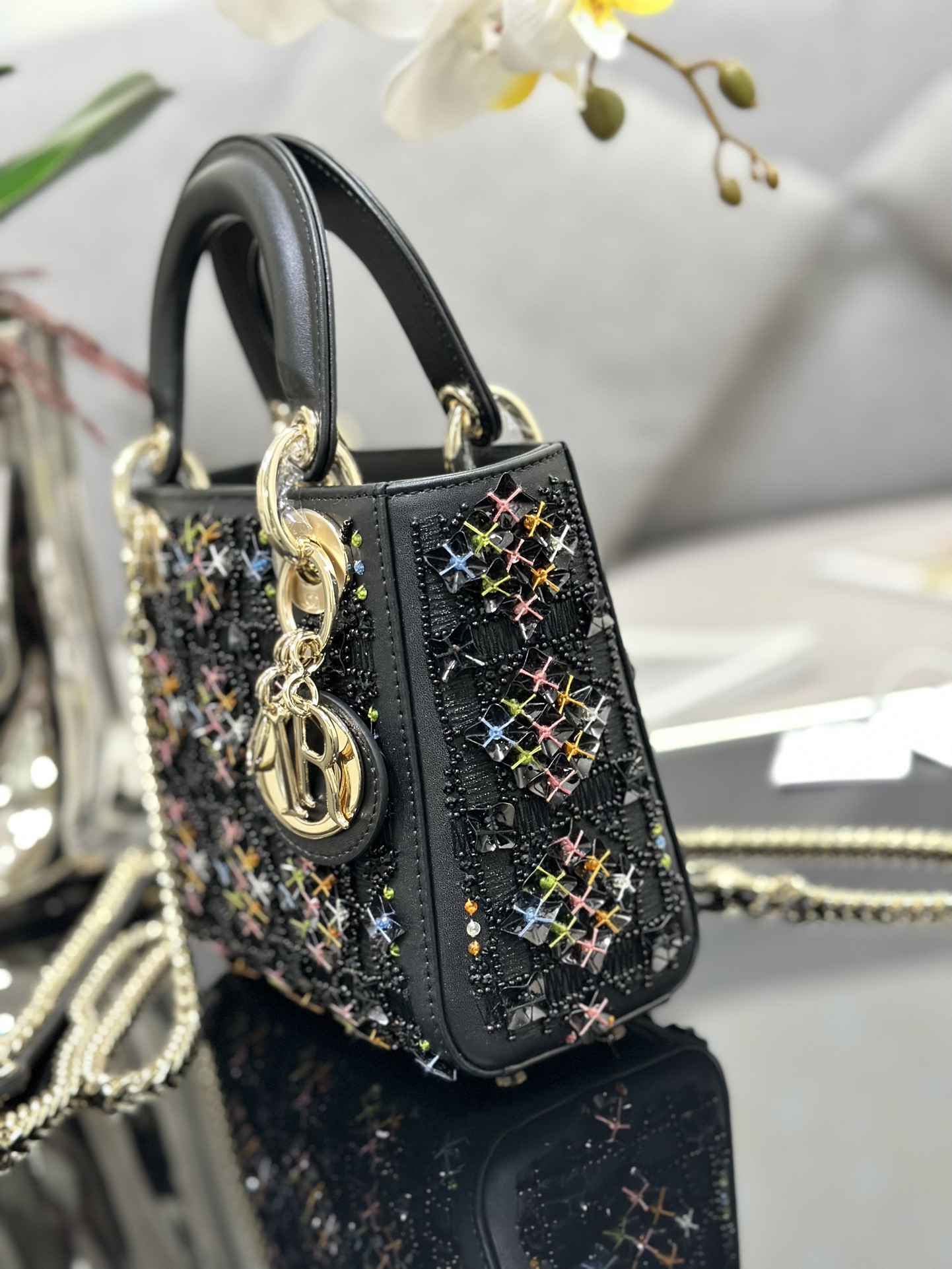 [TOP] Christian Dior Three Embroidered Black Beads Lady Christian Dior Bags 17*15*7 cm - Black