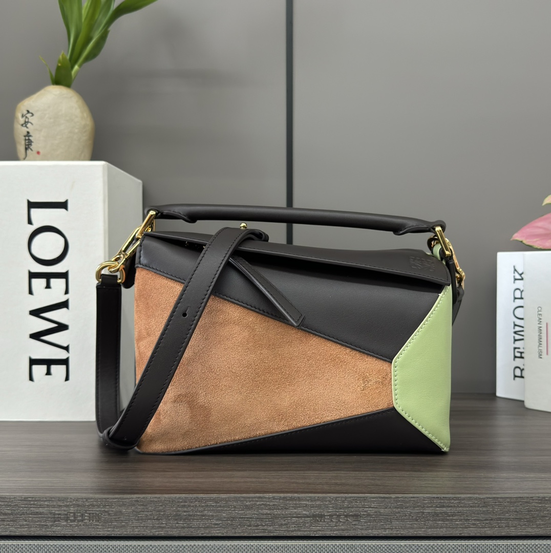 [TOP] LOEWE Puzzle Small Cow Leather Bag 24*10.5*16CM - Black/Green/Khaki