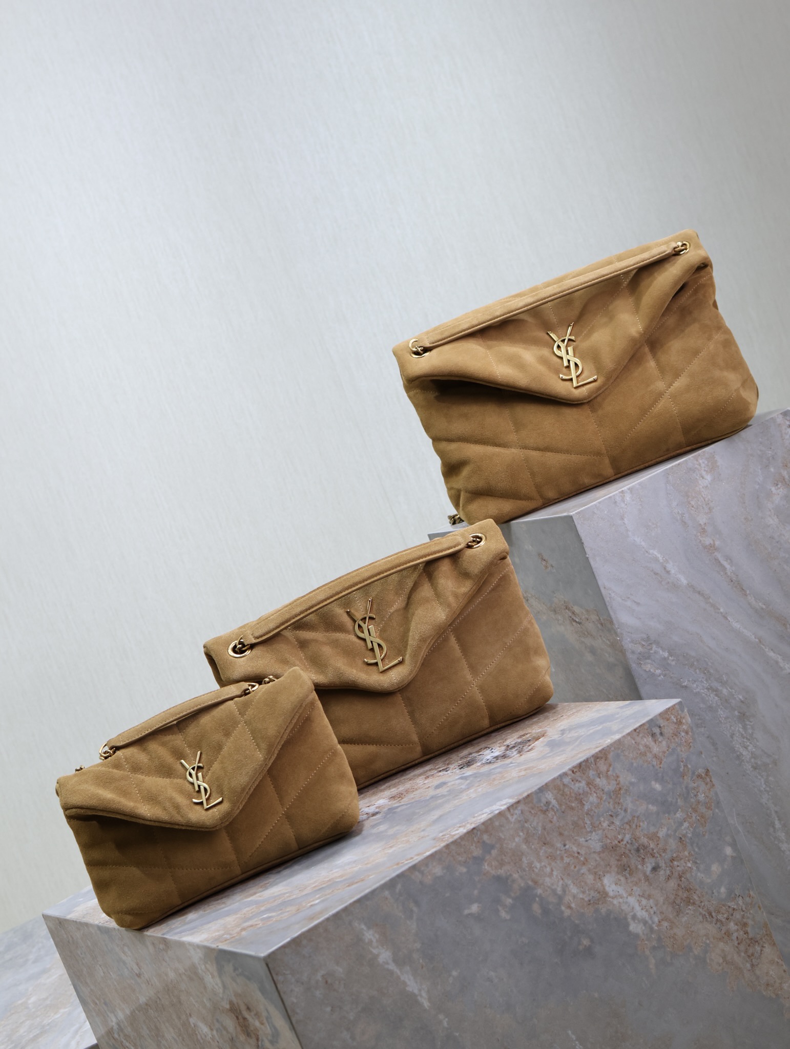 [TOP] Yves Saint Laurent YSL Loulou Puffer Suede Bag 23cm/29cm/35cm - Brown