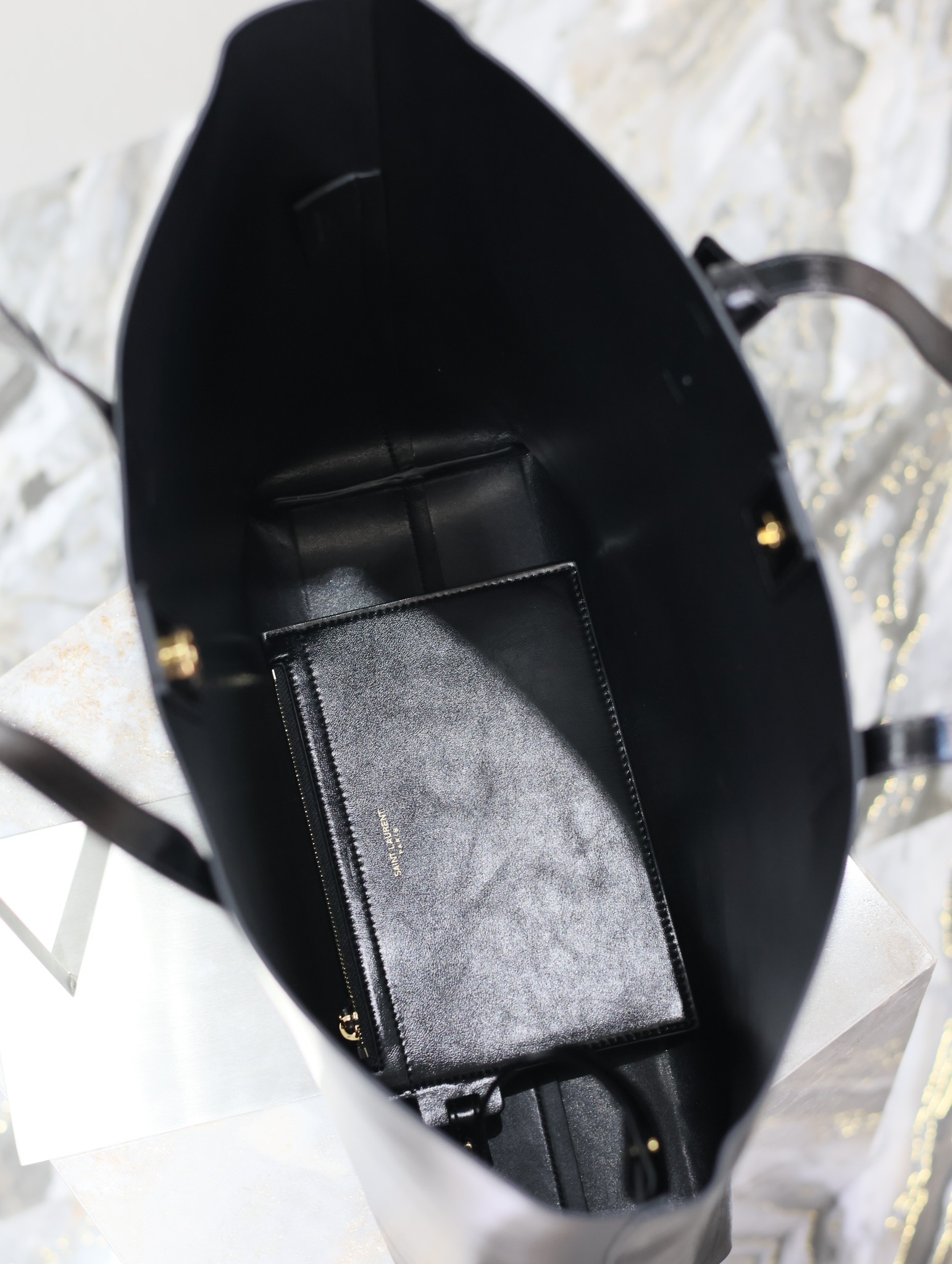 [TOP] Yves Saint Laurent YSL Wax leather Shopping Tote Bag 32.5×35×10.5cm - Black