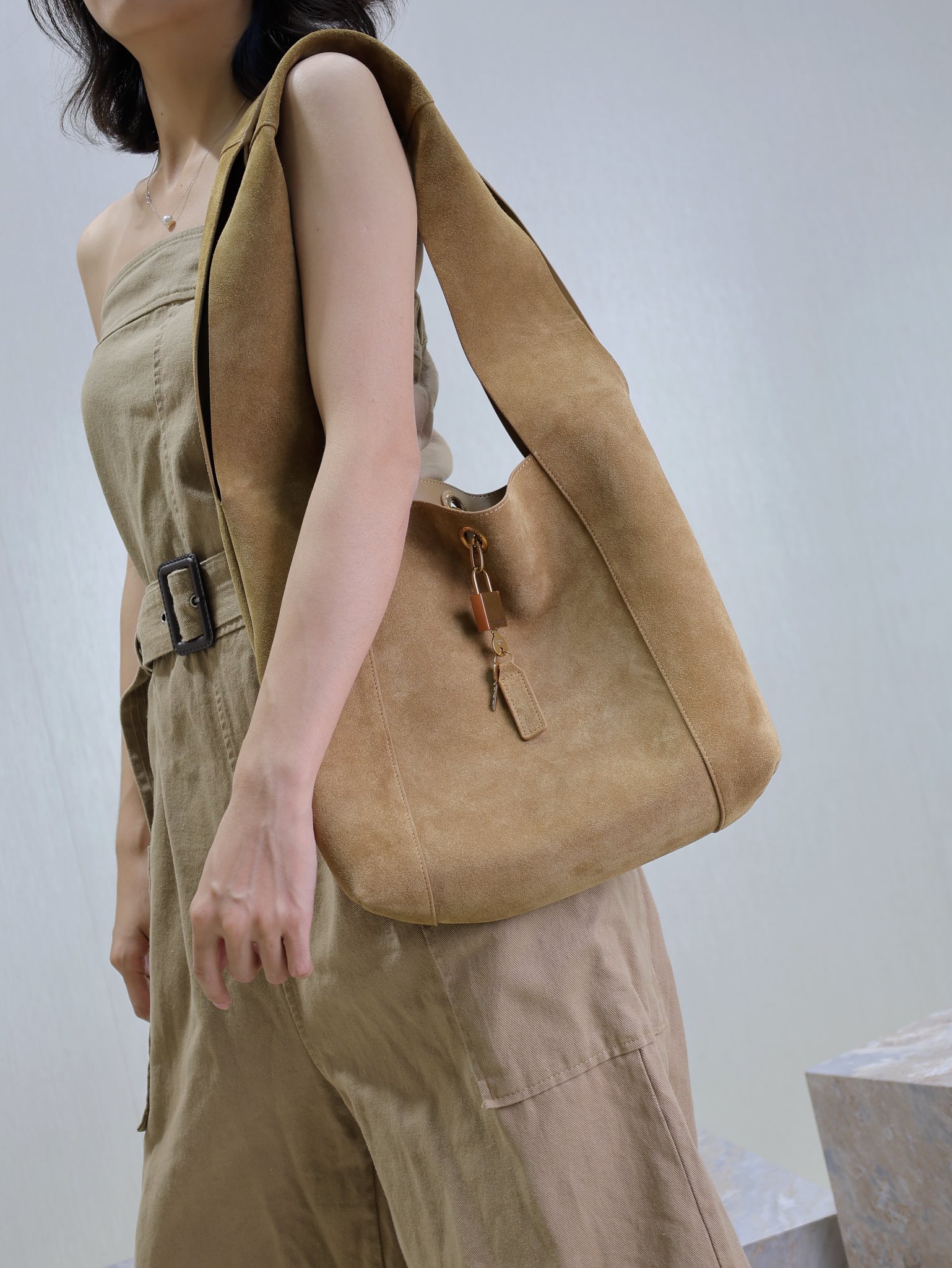 [TOP] Yves Saint Laurent YSL Suede Hobo Bag  27×27×8cm - Brown&GHW