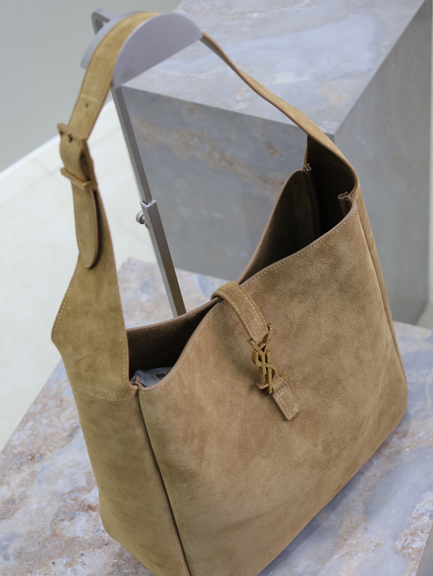 [TOP] Yves Saint Laurent YSL Suede Large Hobo Bag 30x31x13cm - Brown&GHW