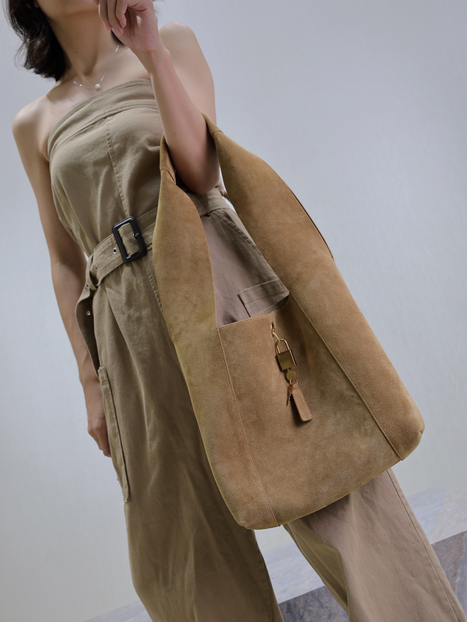 [TOP] Yves Saint Laurent YSL Suede Hobo Bag  27×27×8cm - Brown&GHW