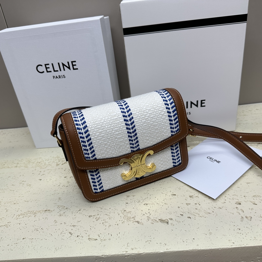 [TOP] CELINE Triomphe Striped Fabric Bag 18.5x14x6cm - White/Blue