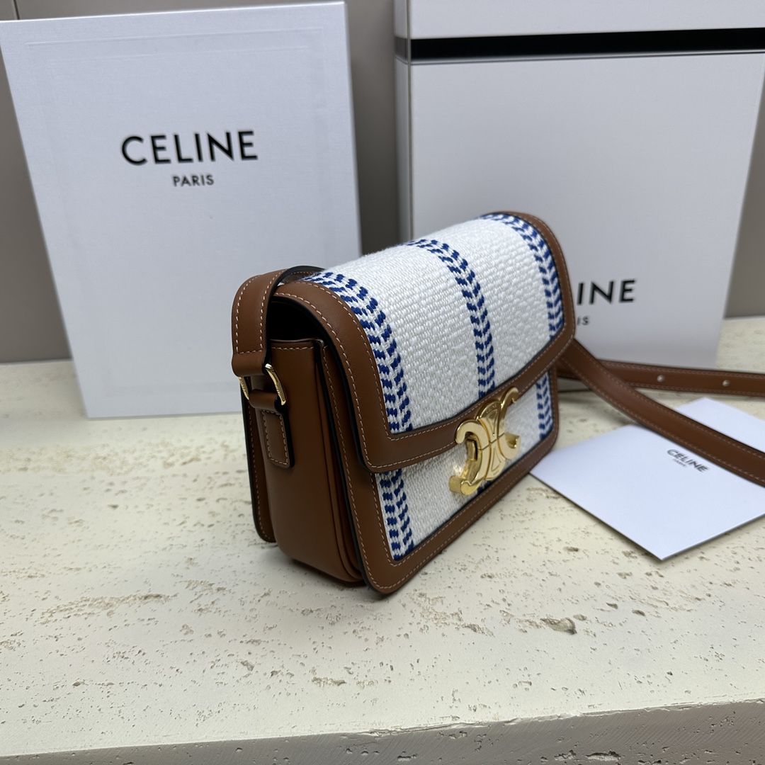 [TOP] CELINE Triomphe Striped Fabric Bag 18.5x14x6cm - White/Blue