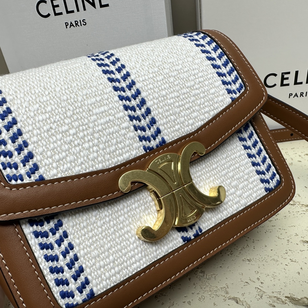 [TOP] CELINE Triomphe Striped Fabric Bag 18.5x14x6cm - White/Blue