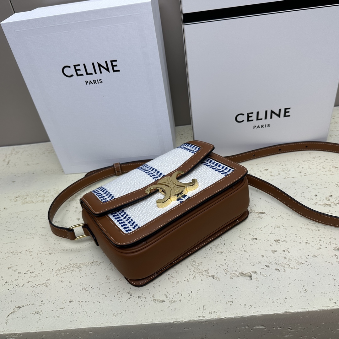 [TOP] CELINE Triomphe Striped Fabric Bag 18.5x14x6cm - White/Blue